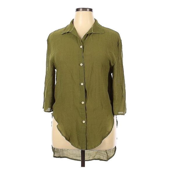 Olive Green ¾ Sleeve Hi-Lo Button Down Flowy Lagenlook Shirt 1X (14) - Picture 1 of 2
